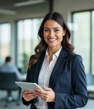 Smiling business consultant holding a tablet in an office, representing contract procurement solutions