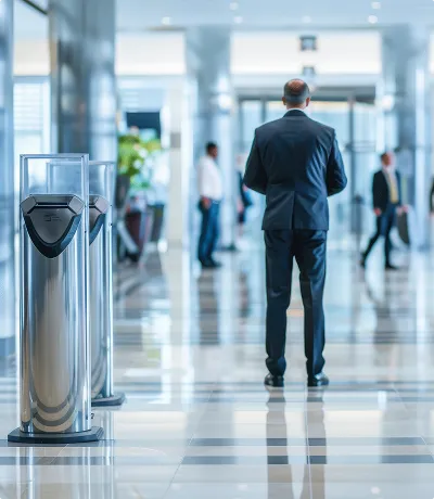 A businessman stands in a modern office lobby with security turnstiles, representing IT security solutions