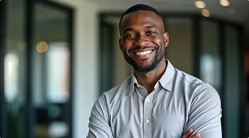 A confident Black man in a grey shirt smiles