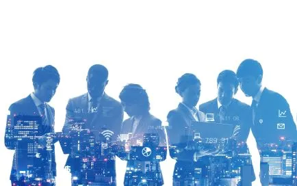 A group of businesspeople, silhouetted against a white background, are overlaid with a futuristic