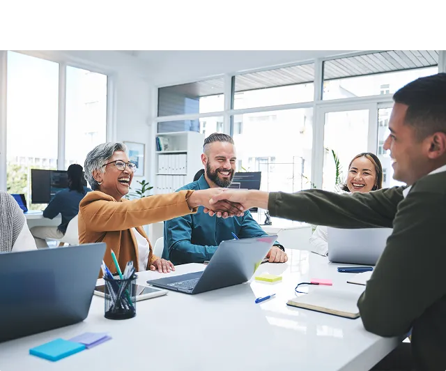 A diverse group of business professionals in an office meeting