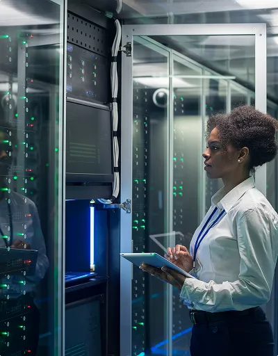 A woman using a tablet to perform cloud management