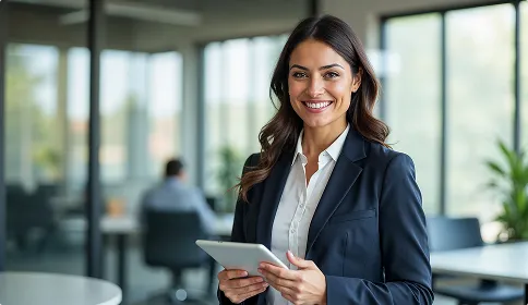 A smiling woman in a business suit holding a tablet in an office