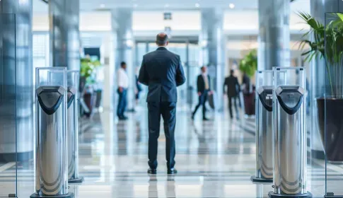 A man in a suit stands in a modern office lobby