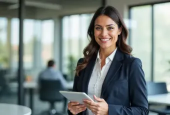 A professional businesswoman smiling confidently while holding a tablet
